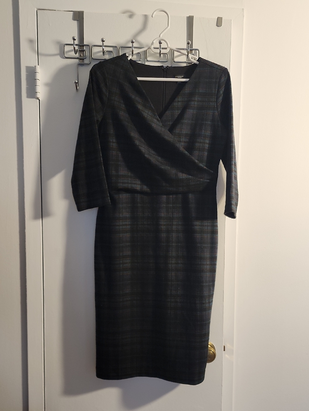 Ann Taylor Dark Green Plaid Faux-Wrap Sheath Dress